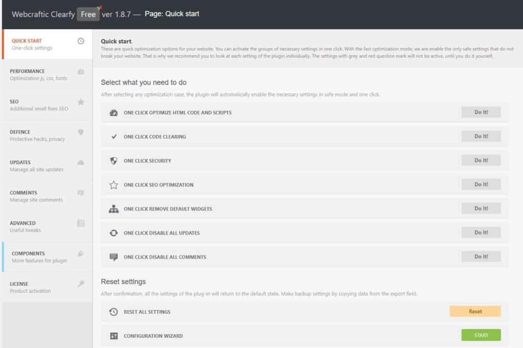 Clearfy plugin with options for quick start optimization of a WordPress site, including asset management and one-click services.