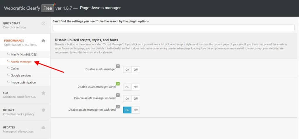 Clearfy WordPress plugin interface showing options for an Asset Manager to manage scripts, styles, and fonts.