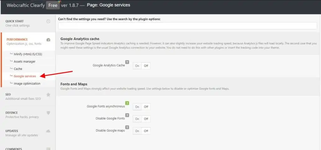 Clearfy plugin's interface with options for Google Analytics and Google Maps settings toggled on.