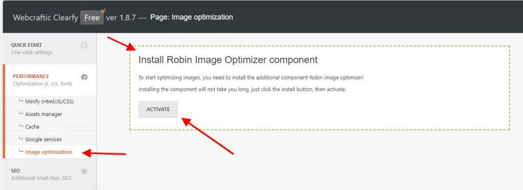 Screenshot of the Clearfy plugin interface for WordPress, highlighting the 'Install Robin image optimizer component' with an 'Activate' button.