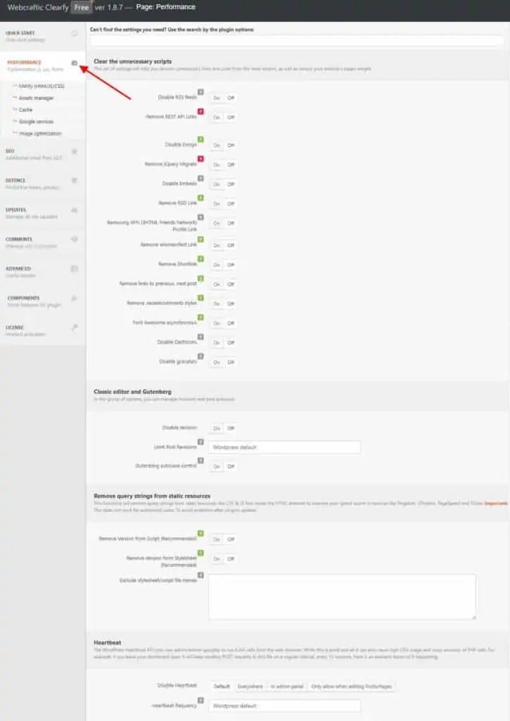 Clearfy plugin interface in WordPress, highlighting the Asset Manager section with various optimization options.