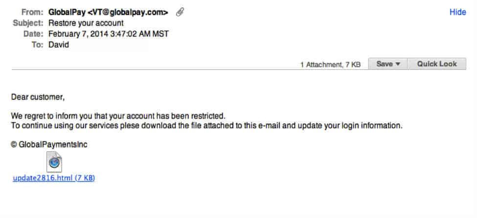 A screenshot of a phishing email impersonating GlobalPay, asking to restore an account by downloading an attached file.