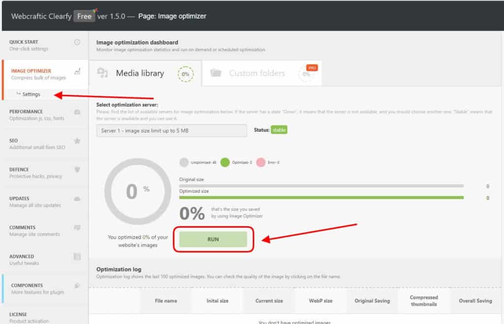 Clearfy WordPress plugin, highlighting features for optimizing images with a progress ring and a 'Run' button.
