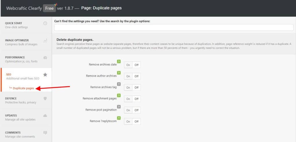 Clearfy WordPress plugin showing settings to delete duplicate pages and other SEO options.