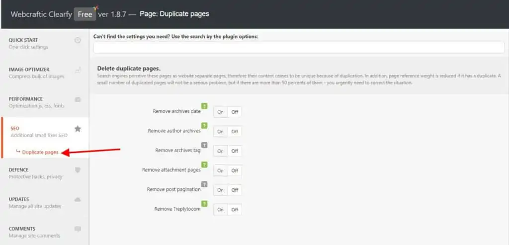 Clearfy WordPress plugin showing settings to delete duplicate pages and other SEO options.