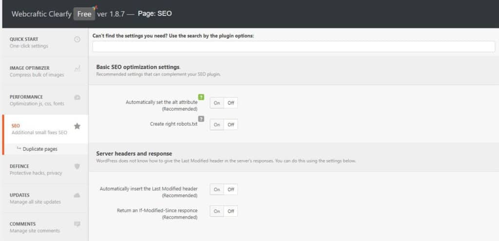 The image shows a screenshot of the Clearfy WordPress plugin interface with options for 'Basic SEO optimization settings'.