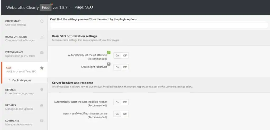 The image shows a screenshot of the Clearfy WordPress plugin interface with options for 'Basic SEO optimization settings'.