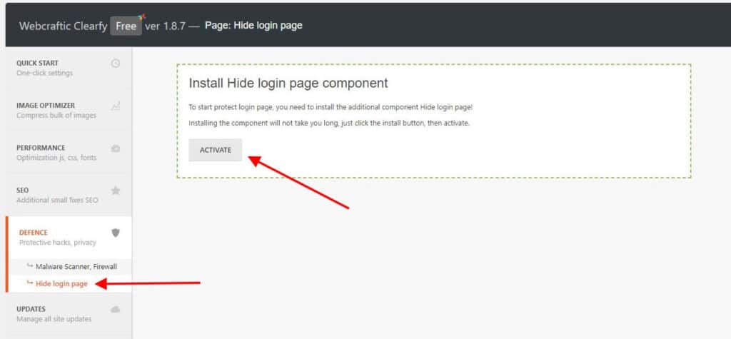 WordPress plugin interface highlighting the 'Hide login page' feature with an 'Activate' button and a red arrow pointing towards it.
