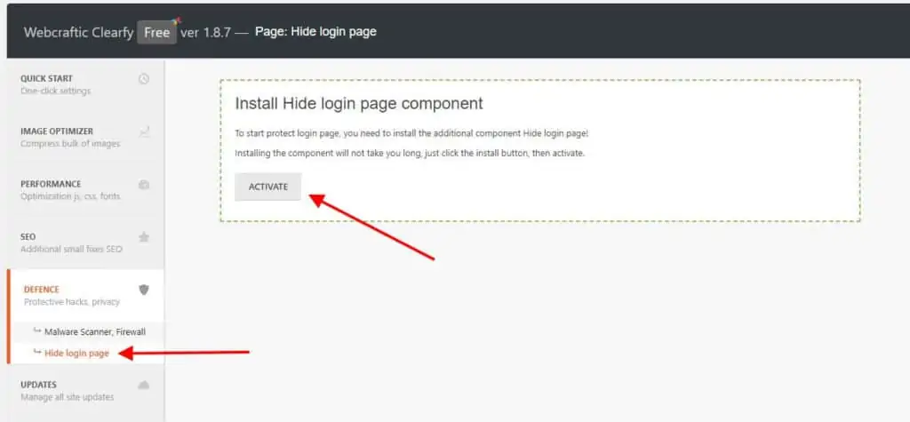 WordPress plugin interface highlighting the 'Hide login page' feature with an 'Activate' button and a red arrow pointing towards it.