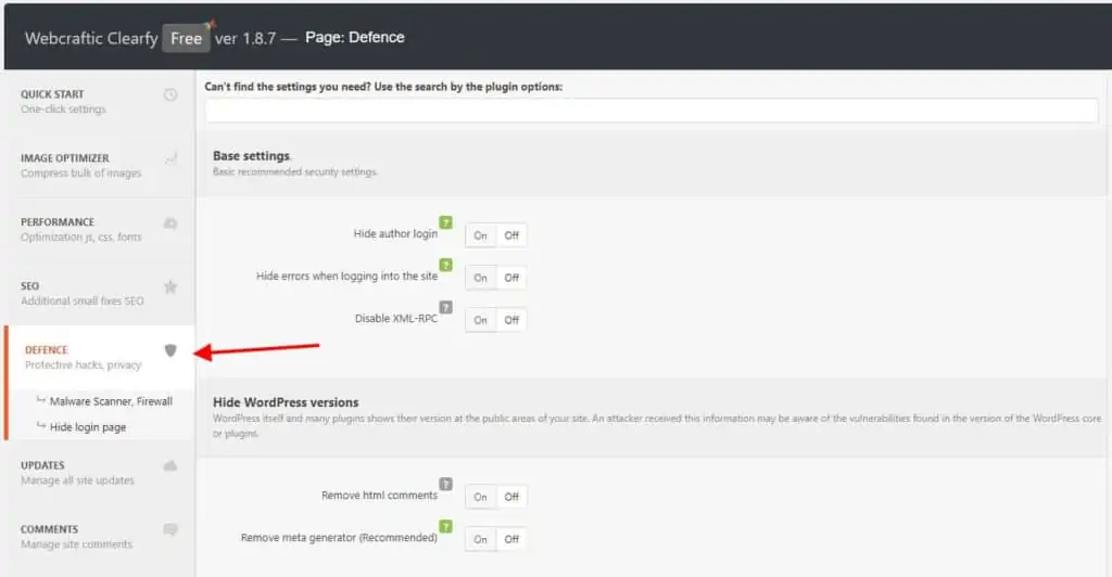 Clearfy WordPress Plugin interface highlighting the 'Update Manager' section with options for managing updates and a red arrow pointing at 'Disable all updates.'