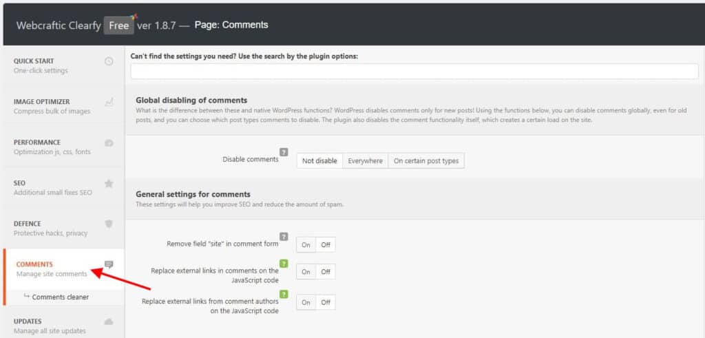 Clearfy WordPress plugin interface highlighting the 'Comments' section for managing comment-related settings.