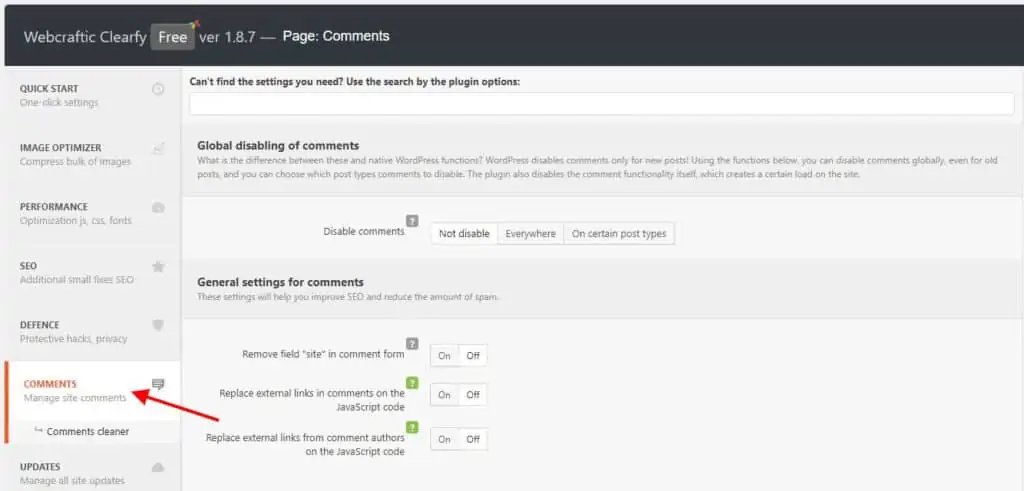 Clearfy WordPress plugin interface highlighting the 'Comments' section for managing comment-related settings.