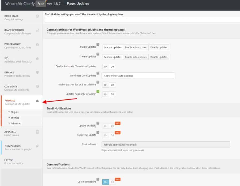 The image shows a screenshot of the Clearfy plugin settings with options for plugin updates, email notifications, and disabling WordPress core updates highlighted.