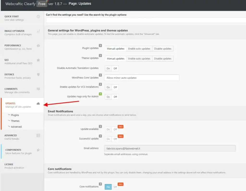 The image shows a screenshot of the Clearfy plugin settings with options for plugin updates, email notifications, and disabling WordPress core updates highlighted.