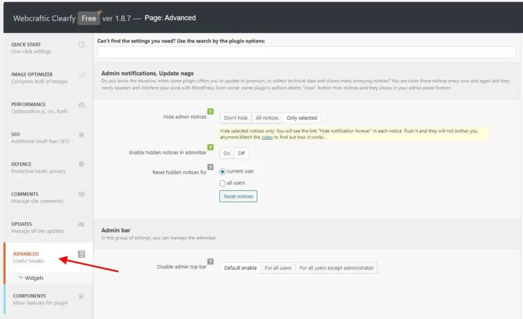 Clearfy plugin interface within a WordPress dashboard highlighting the 'Admin bar' settings section.