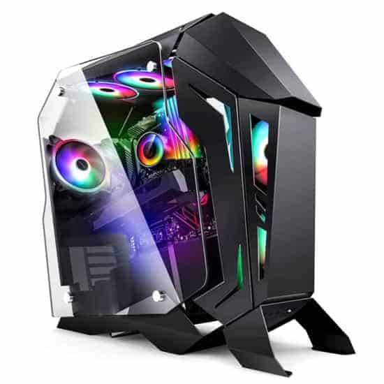 A modern gaming PC tower with transparent sides revealing multicolored internal LED lighting and high-end components.