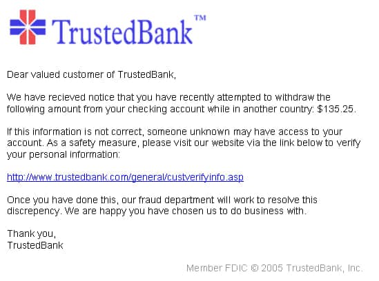 An example of a phishing email pretending to be from TrustedBank, asking the recipient to verify account information.