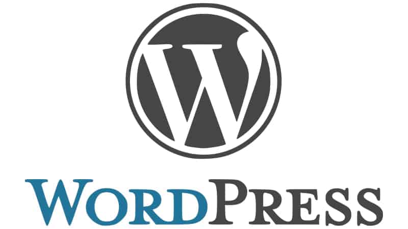 The image shows the WordPress logo with a large 'W' encircled above the word 'WordPress' in blue lettering.