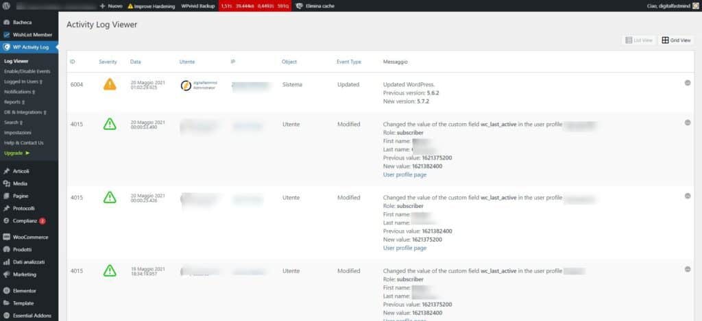 The image displays a WordPress Activity Log detailing user actions, updates, and modifications within a website's dashboard environment.
