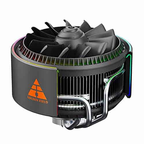 The image shows a modern CPU cooler with a black fan and LED accents designed for computer processor cooling.
