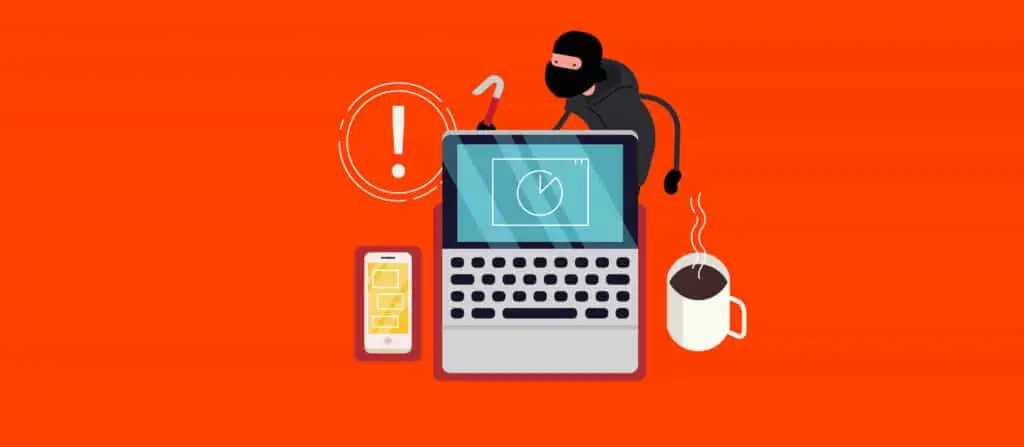 A graphic of a laptop with a shield icon, a phone displaying a passcode, a burglar, and an exclamation mark, illustrating digital security concepts.