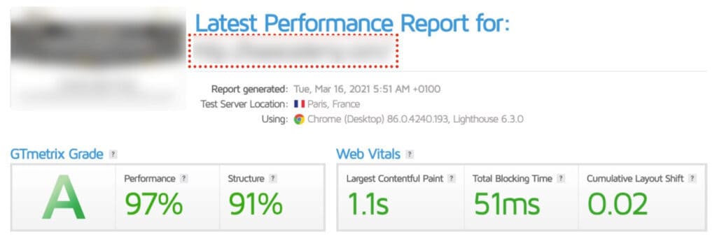 The image shows a website performance report with high scores, including an 'A' grade and metrics like Performance at 97% and Structure at 91%.