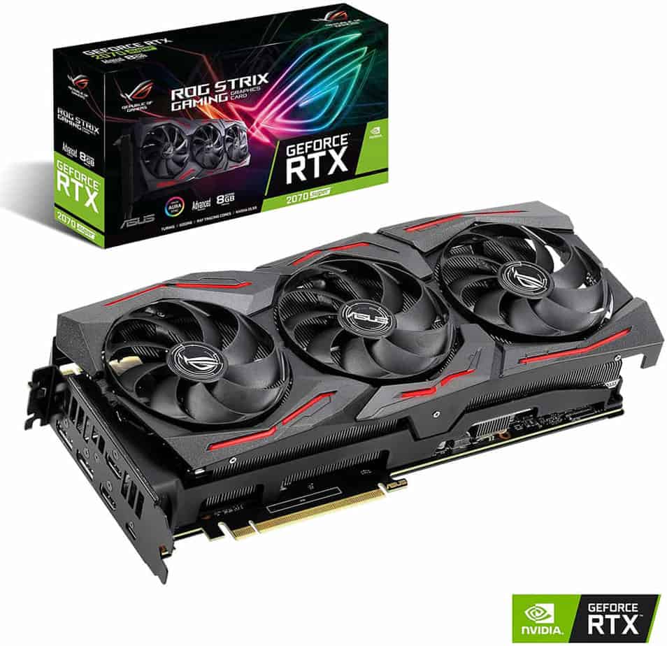 A graphics card (GPU) with three cooling fans and its retail box showcasing the ASUS ROG Strix and NVIDIA GeForce RTX branding.