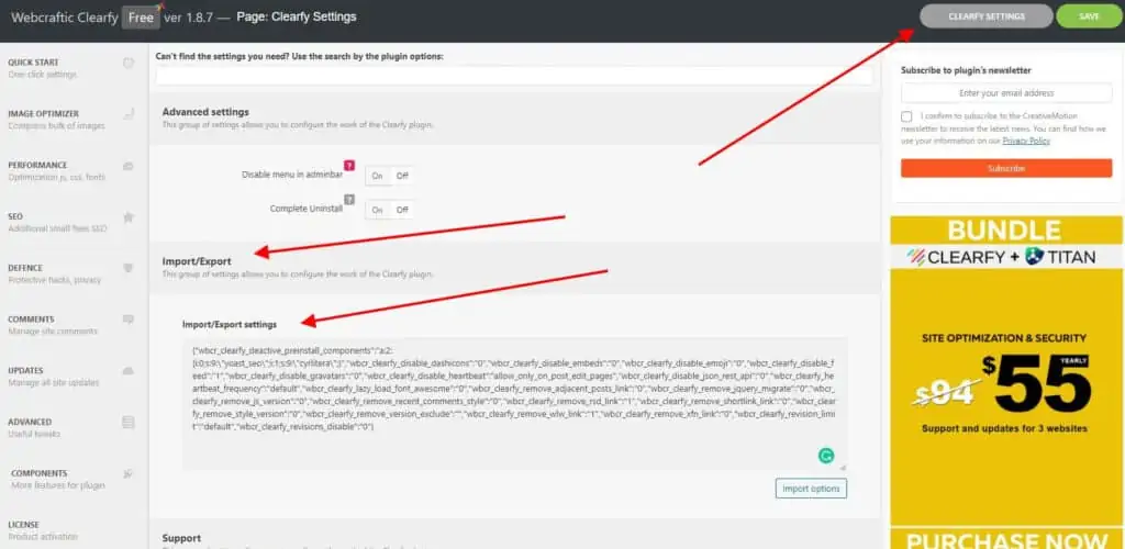 Clearfy plugin's interface on a WordPress site with highlighted features for managing website assets.