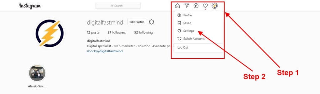 A screenshot showing the process of accessing the 'Edit Profile' section on an Instagram profile to add a 'Link in Bio.'