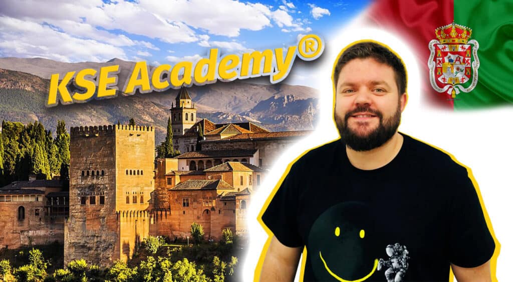 The image displays a man smiling in the foreground, with a blended background of a scenic castle landscape and the KSE Academy logo juxtaposed with the Spanish flag.