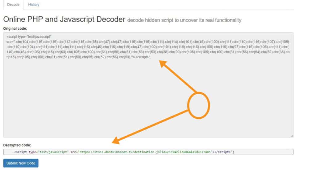 PHP and Javascript decoder tool with an example of encoded and decoded script displayed on its interface.