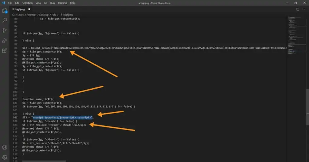 A screenshot of code in an IDE with several lines highlighted and arrows pointing to specific lines of code.