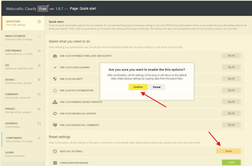 The image displays a screenshot of the Clearfy WordPress plugin's interface, highlighting the 'Asset Manager' feature with options and confirmation button.
