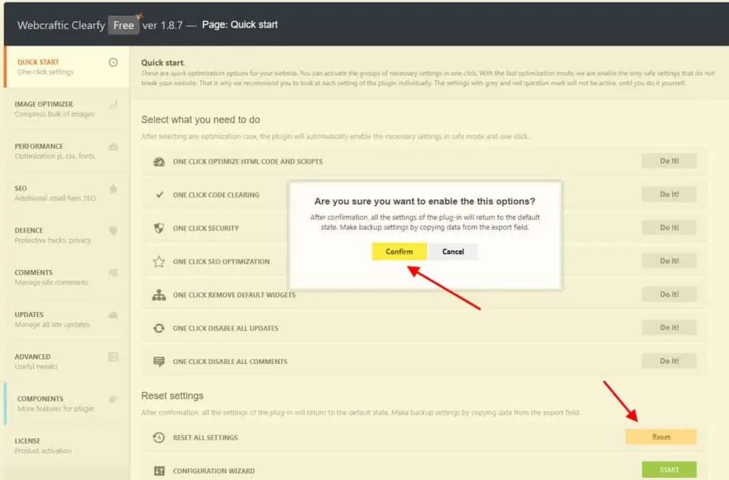 The image displays a screenshot of the Clearfy WordPress plugin's interface, highlighting the 'Asset Manager' feature with options and confirmation button.