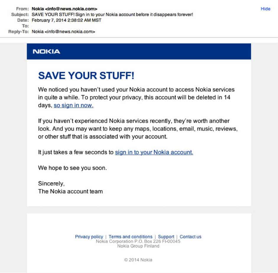 An email claiming to be from Nokia urges the recipient to sign in to their Nokia account to prevent it from being deleted due to inactivity.