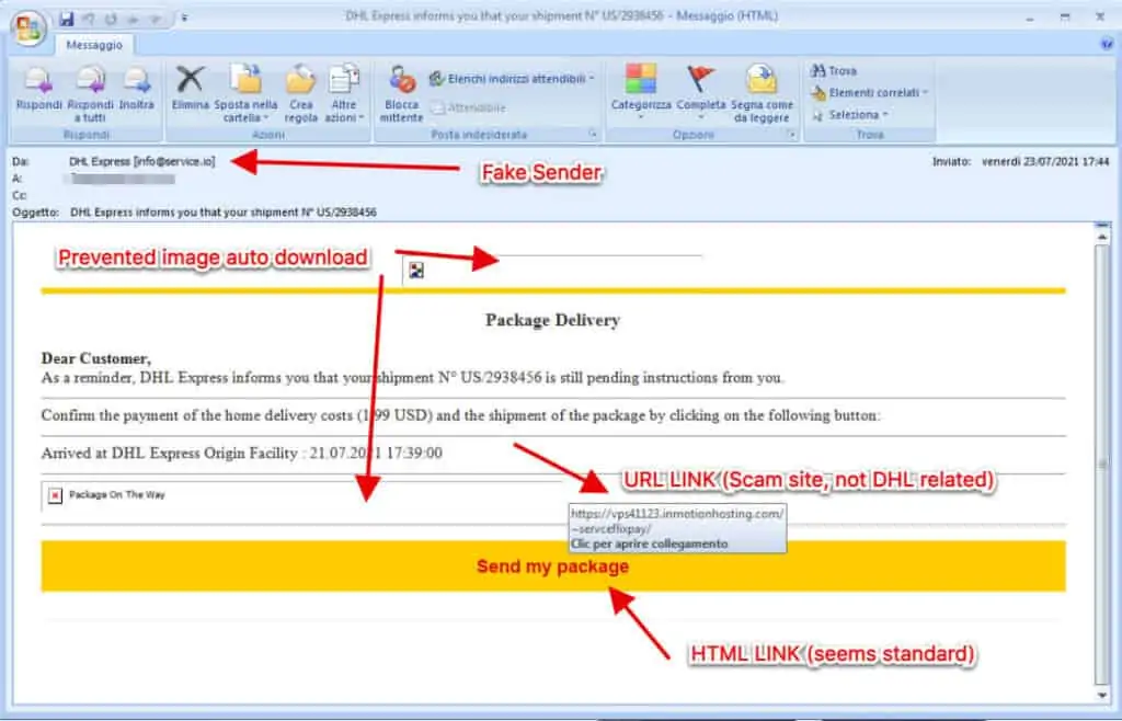 Truffa con email DHL
