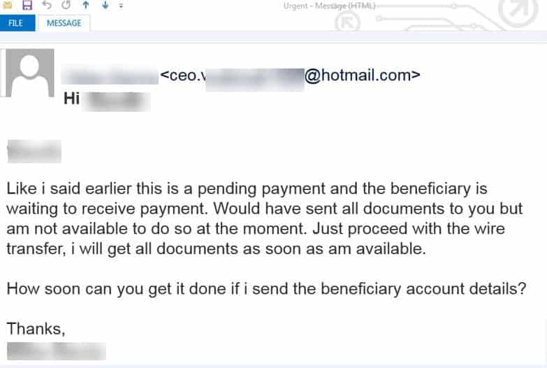 The image shows an email example related to a phishing scam, urging the recipient to proceed with a wire transfer and provide account details.