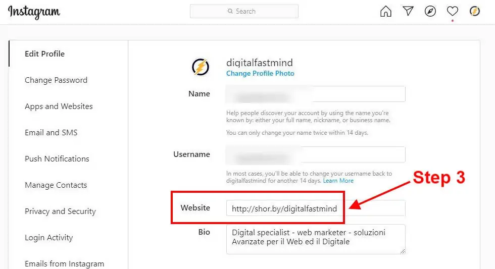 The image shows an Instagram profile editing page highlighting the Website field where the 'Link in Bio' is added, marked as 'Step 3'.