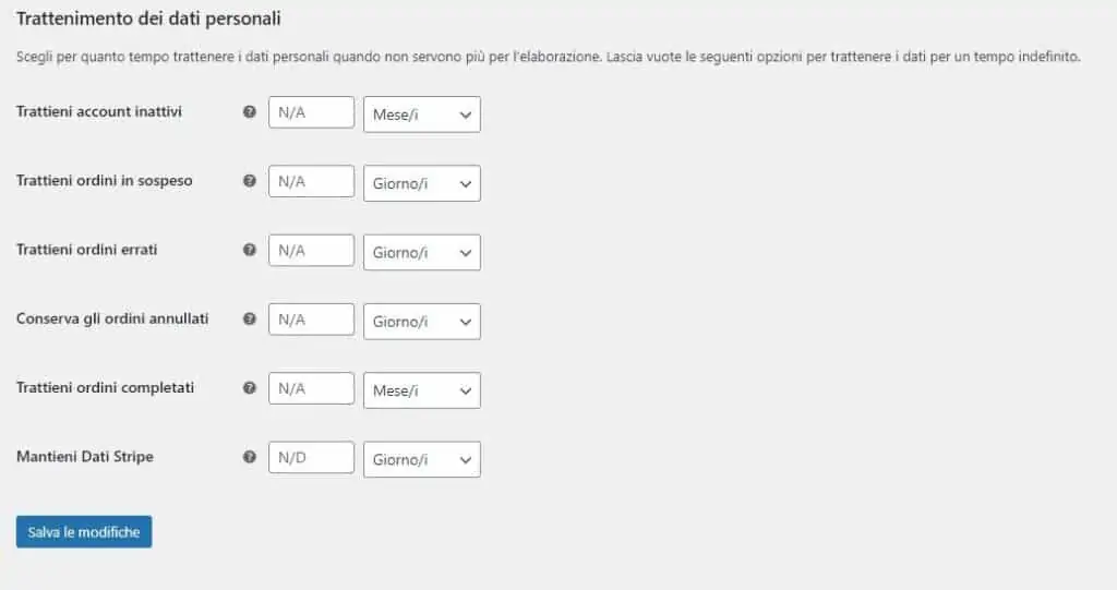 A screenshot of a web interface with various options for data retention settings including account data, orders, and Stripe data, with 'Save changes' button at the bottom.