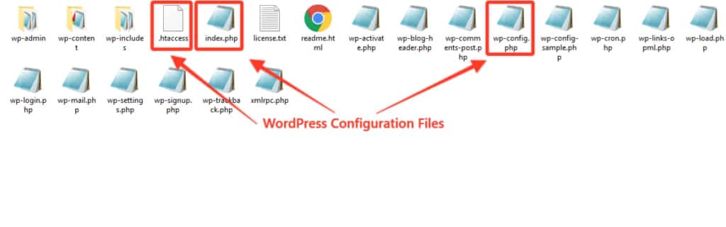 WordPress configuration files with arrows pointing to highlighted files such as wp-config.php and index.php.