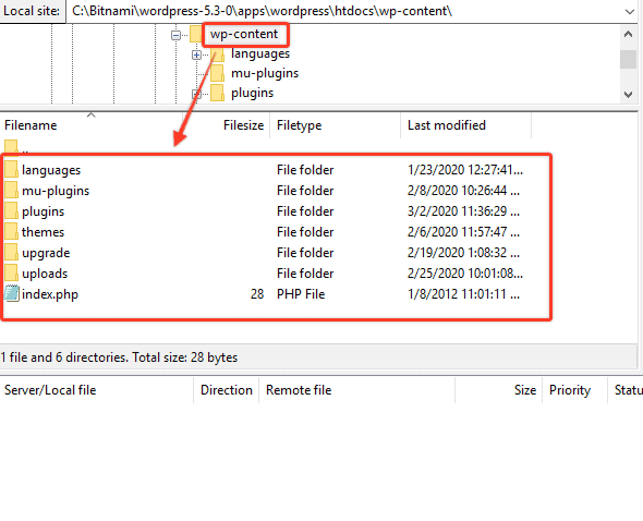 A screenshot of an FTP client window showing the directory structure of a WordPress site with arrows pointing to specific folders.